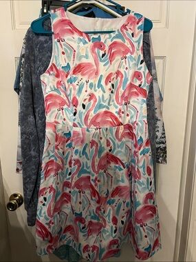 Jade Size Small Pink Flamingo Print Sleeveless Dress with Aqua Accents EUC